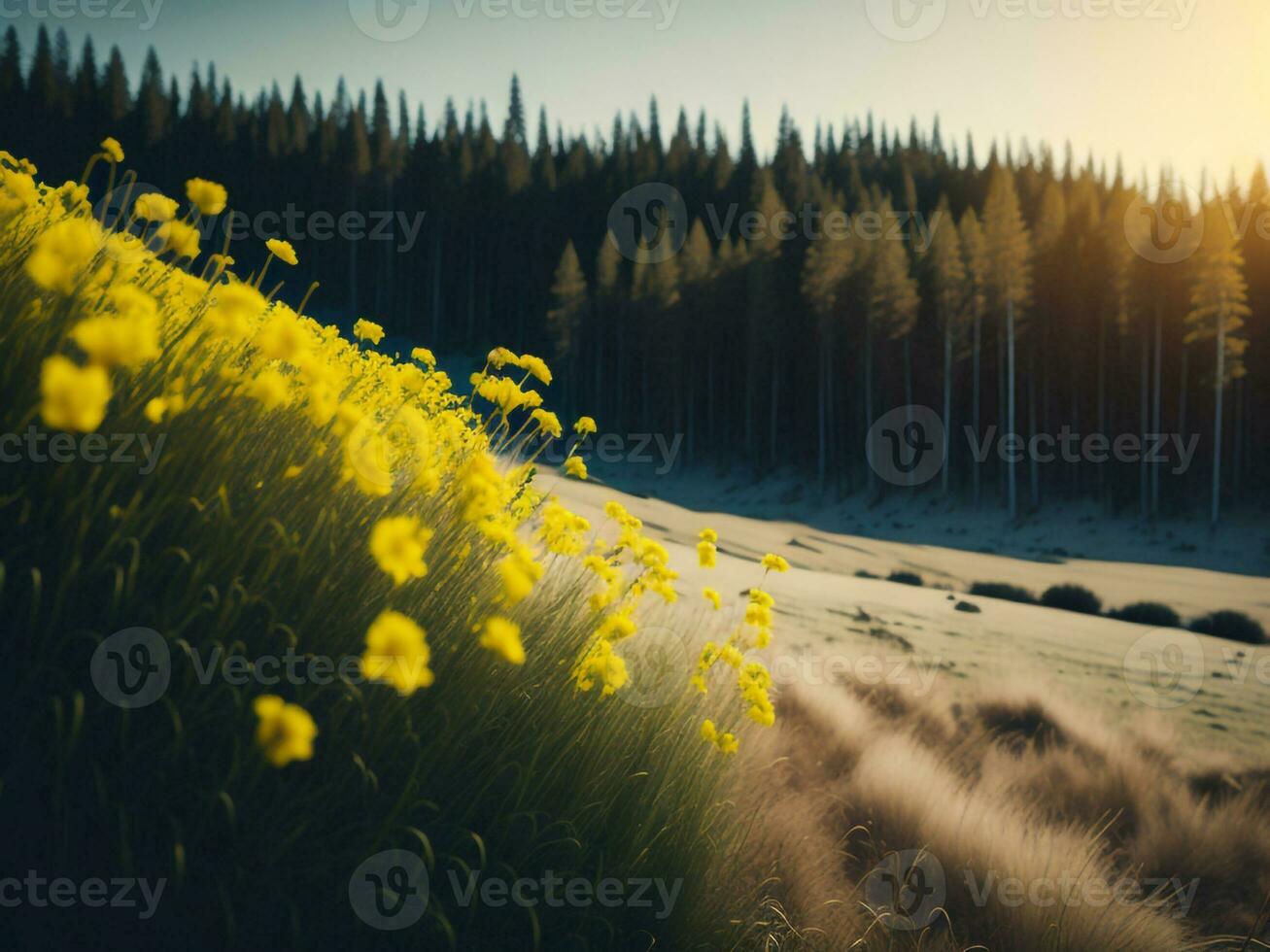 AI generated Glowing Fields of Winter Soft Focus Sunset Meadow with Yellow Flowers Nature's Embrace. A Symphony of Colors Warm Winter Sunset Meadow with Abstract Soft Focus Nature Harmony. photo