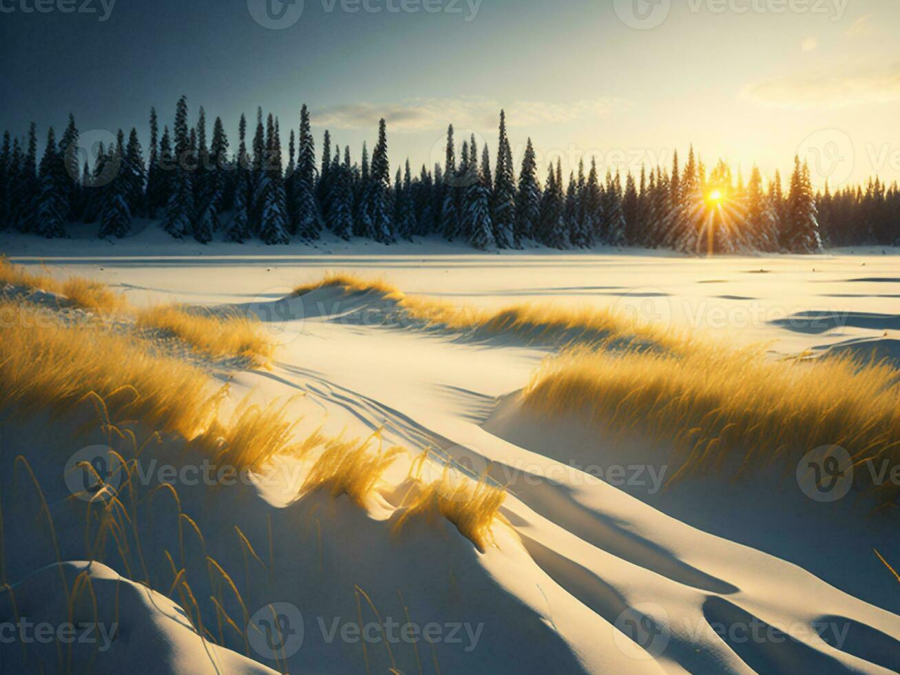 AI generated Sunset in the wood between the trees strains in winter period. Sunset in the forest photo