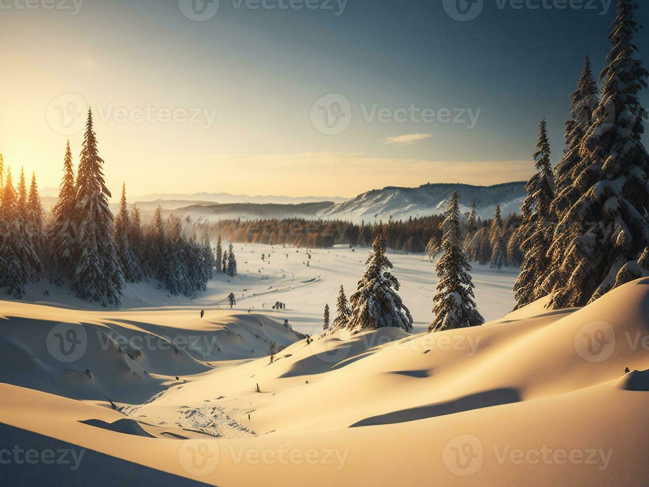 AI generated Sunset in the wood between the trees strains in winter period. Sunset in the forest photo