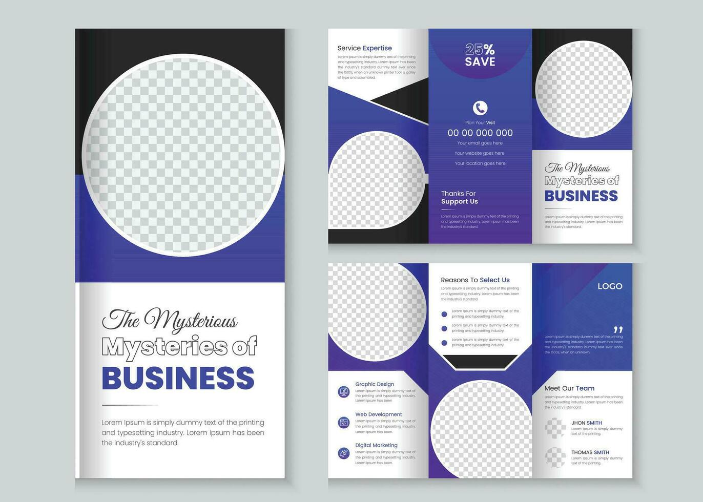 Modern Trifold Business Brochure Template, Business Brochure Template in Tri Fold Layout. Corporate Design Leaflet with replicable image, Trifold brochure design with square shapes, Geometric Shapes vector