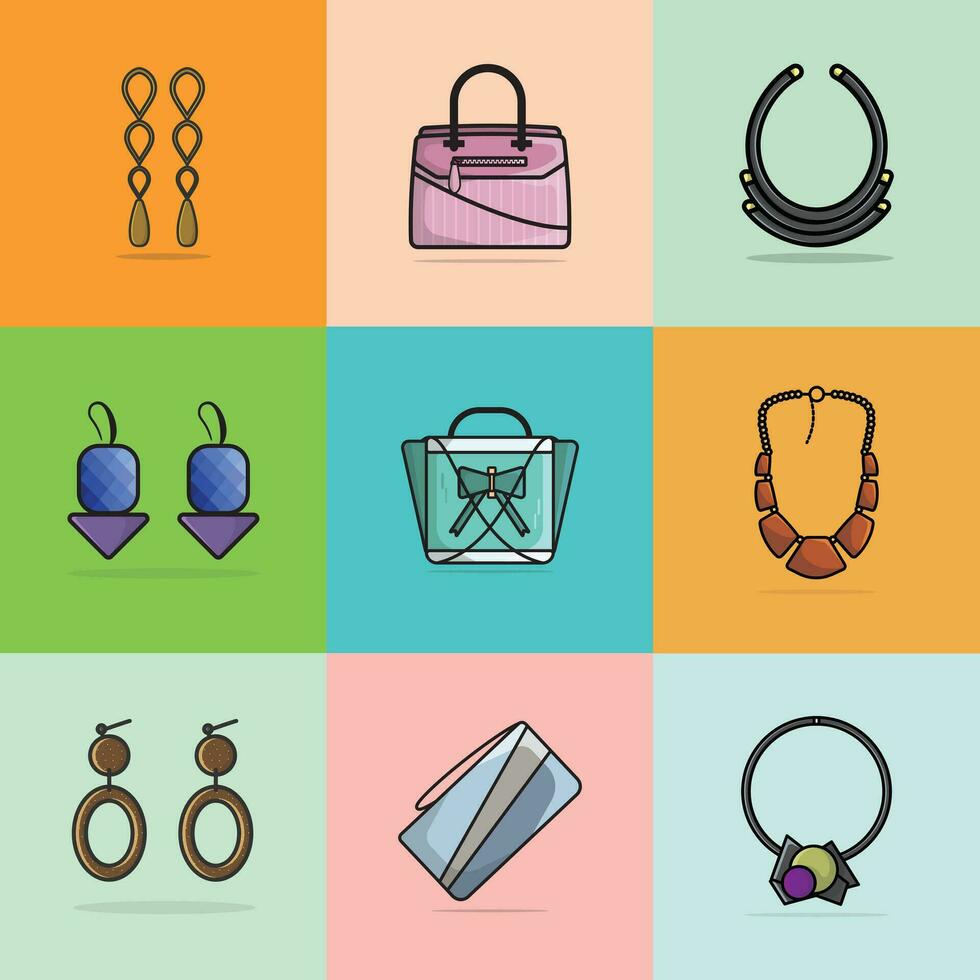 Set Of 9 Beautiful Fashion Earrings, Purses and Necklaces design vector illustration. Beauty fashion objects icon concept. Set of women fashion jewelry accessories vector design.