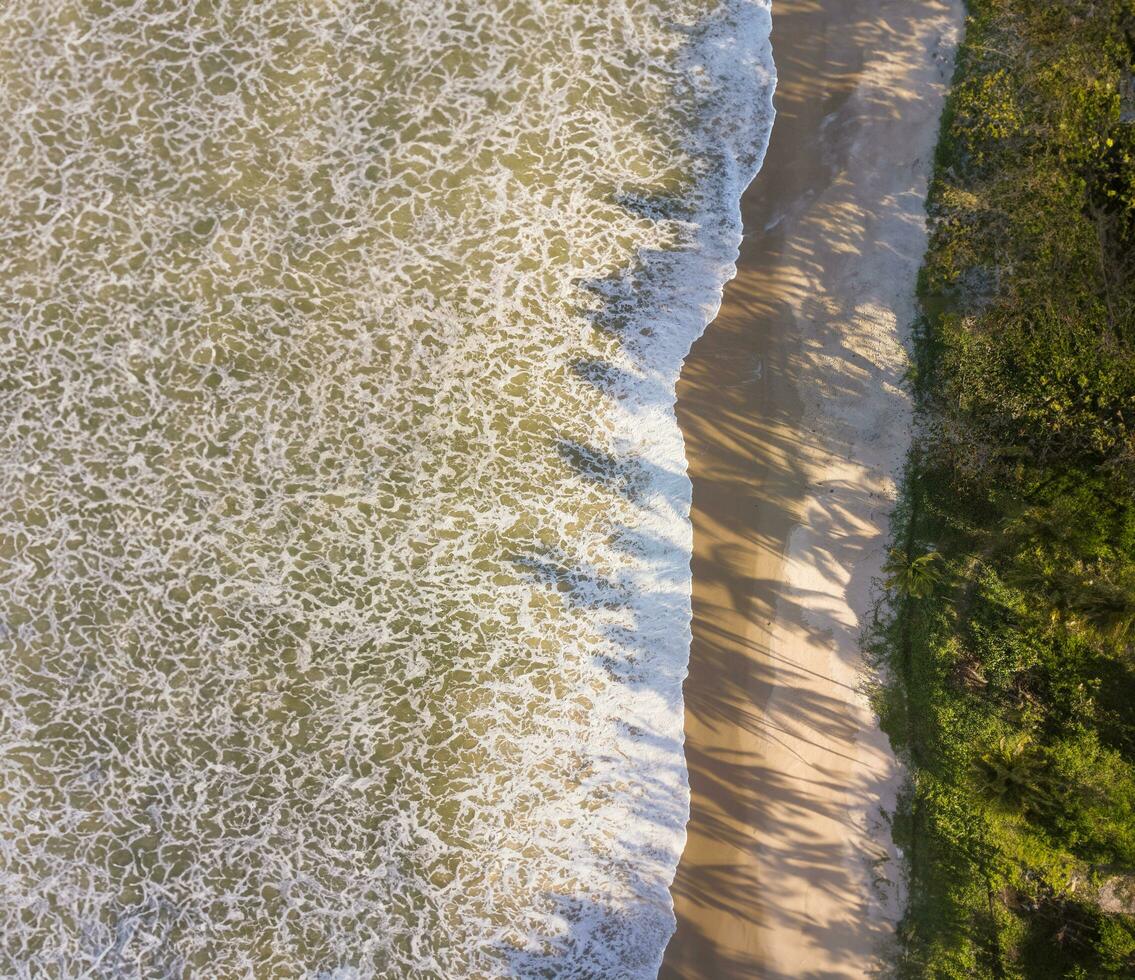 Aerial top view of sandy beach with stunning waves. photo