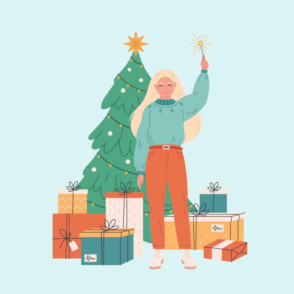 Woman standing near Christmas tree with presents and celebrating Christmas or New Year. vector