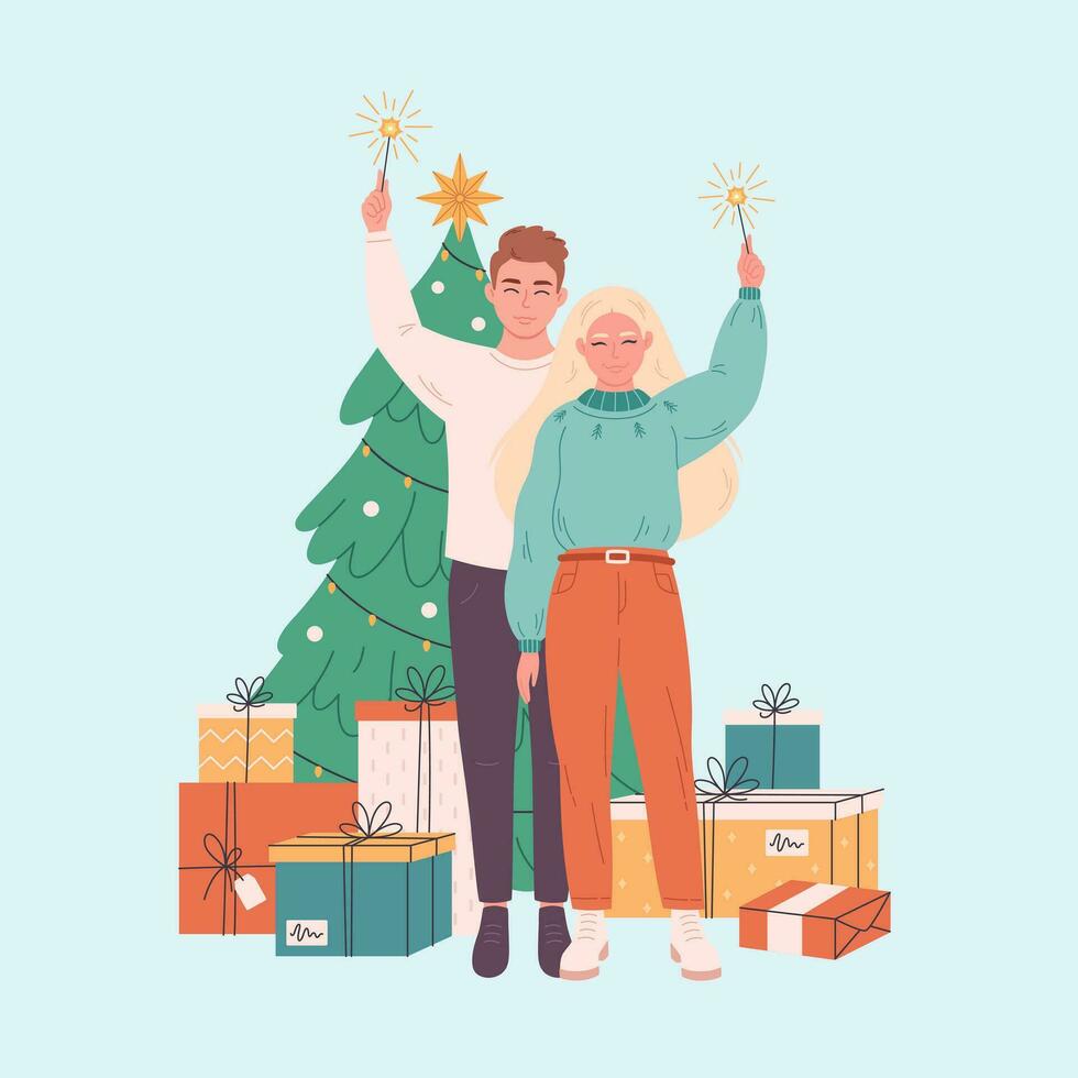 amor Pareja celebrando Navidad o nuevo año. Navidad árbol con presenta vector