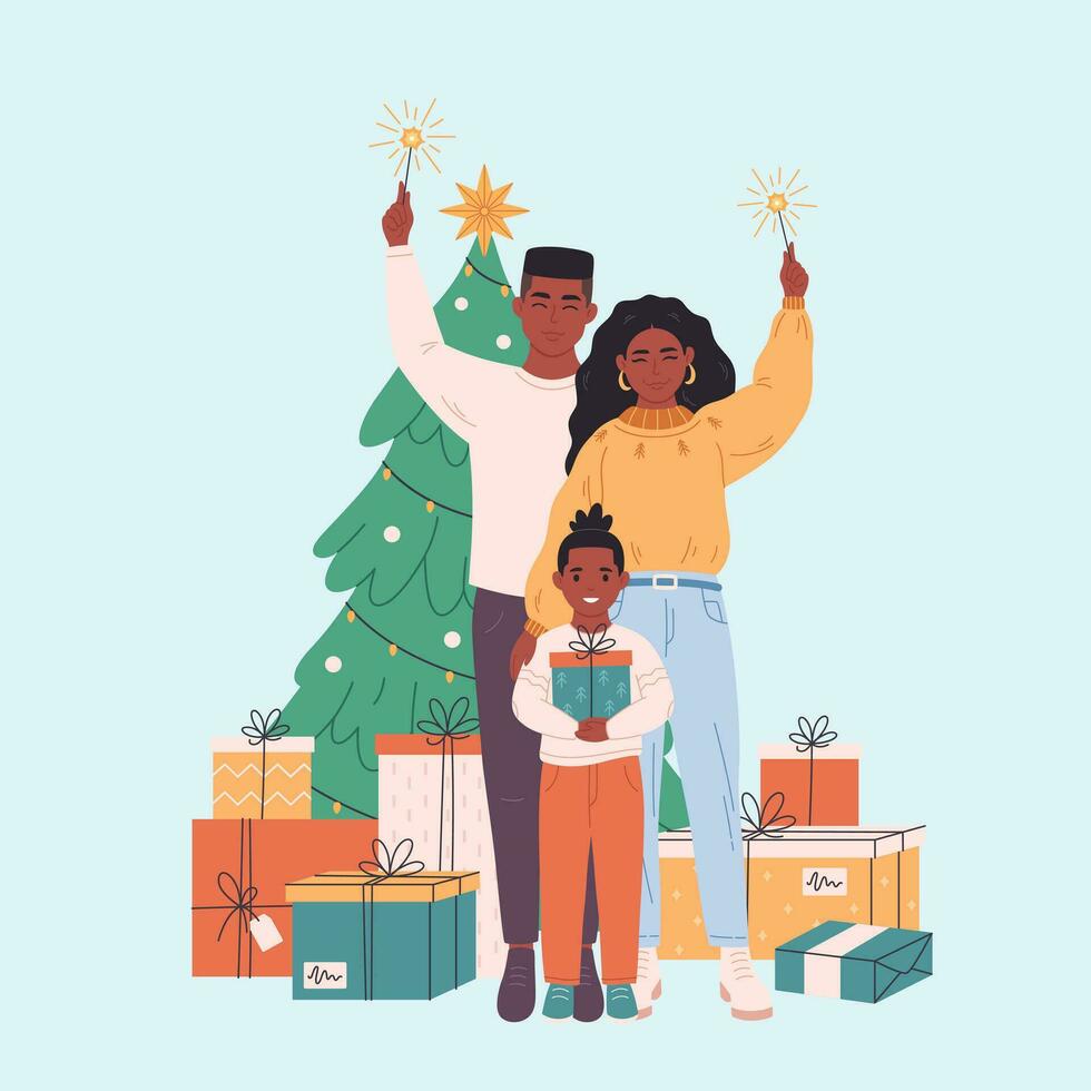 African american family with child celebrating Christmas or New Year. Christmas tree with presents. vector