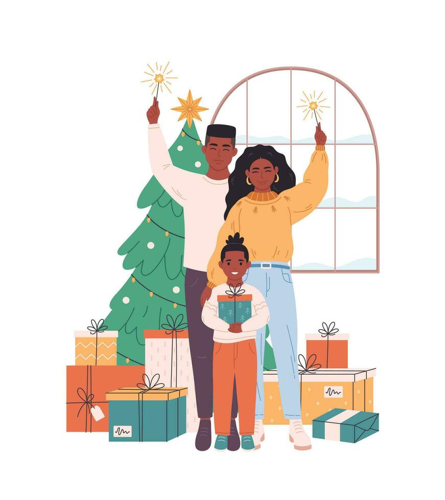 African american family with child celebrating Christmas or New Year. Christmas tree with presents. vector