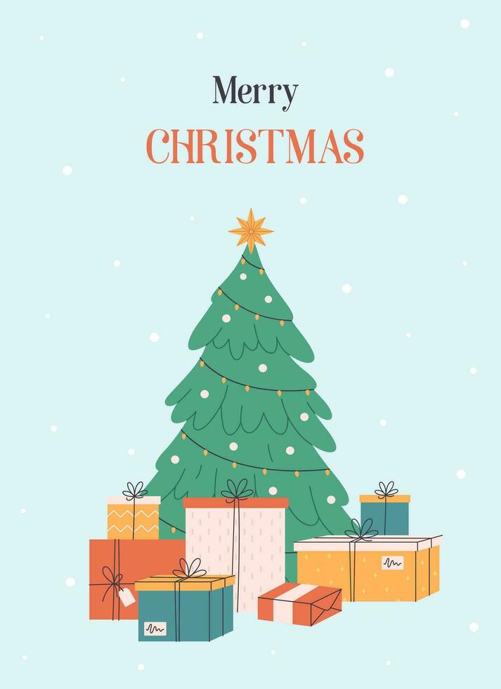alegre Navidad saludo tarjeta. Navidad árbol con regalo cajas Navidad regalos vector