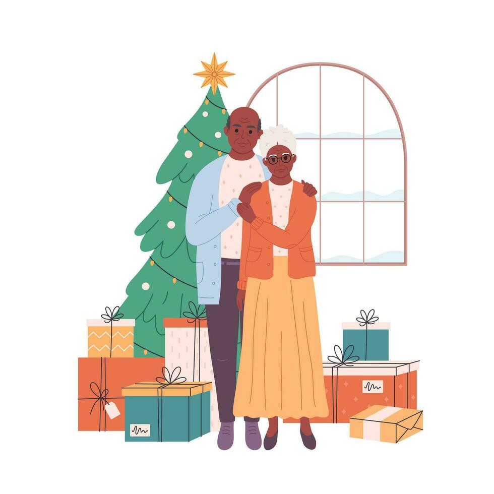 Old couple celebrating Christmas or New Year. Christmas tree with presents. vector