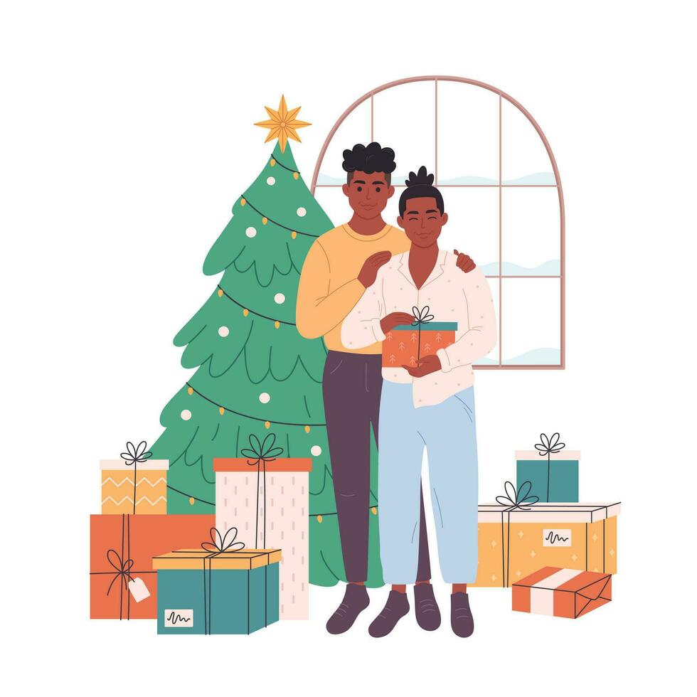 Gay couple standing near Christmas tree with presents and celebrating Christmas or New Year vector