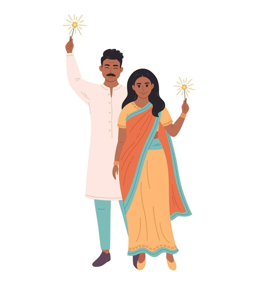 Indian couple holding sparkler and celebrating Christmas or New Year. vector