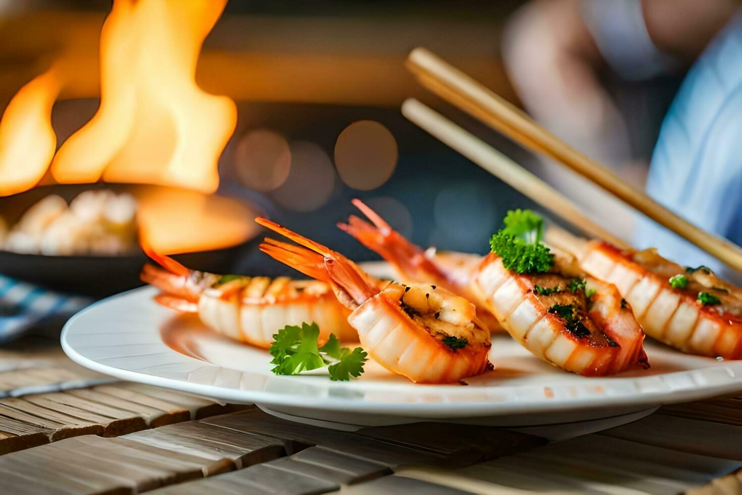 AI generated grilled shrimp on a plate with chopsticks. AI-Generated photo