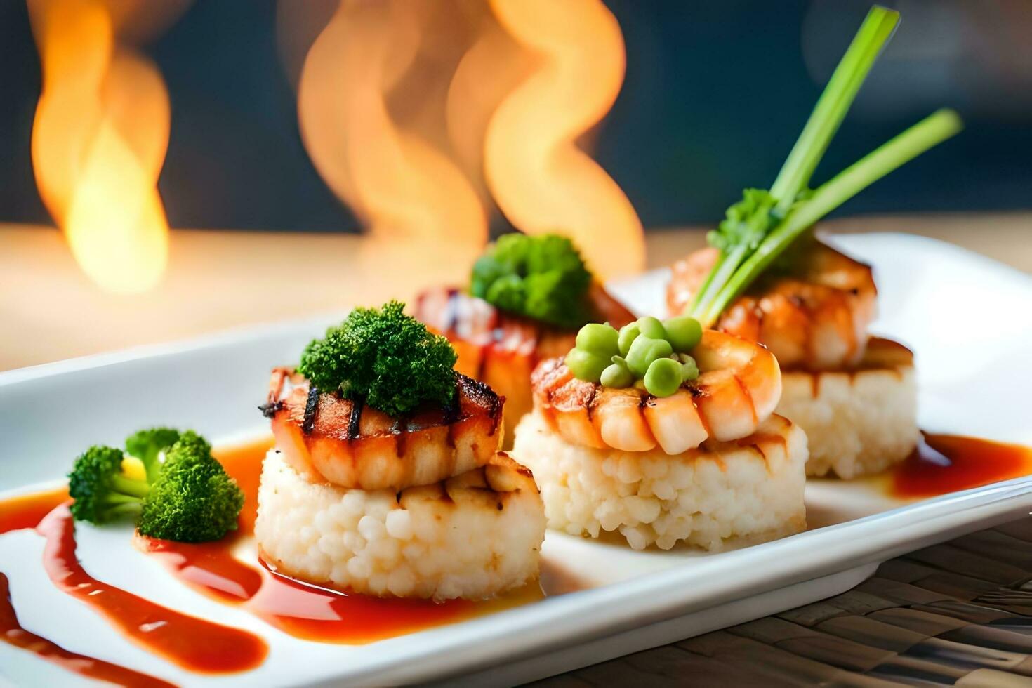 AI generated a plate with shrimp and broccoli on it. AI-Generated photo