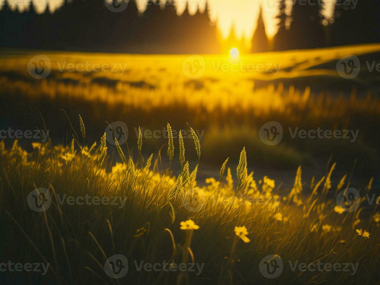 ai generado brillante campos de invierno suave atención puesta de sol prado con amarillo flores de la naturaleza abarcar. un sinfonía de colores calentar invierno puesta de sol prado con resumen suave atención naturaleza armonía. foto