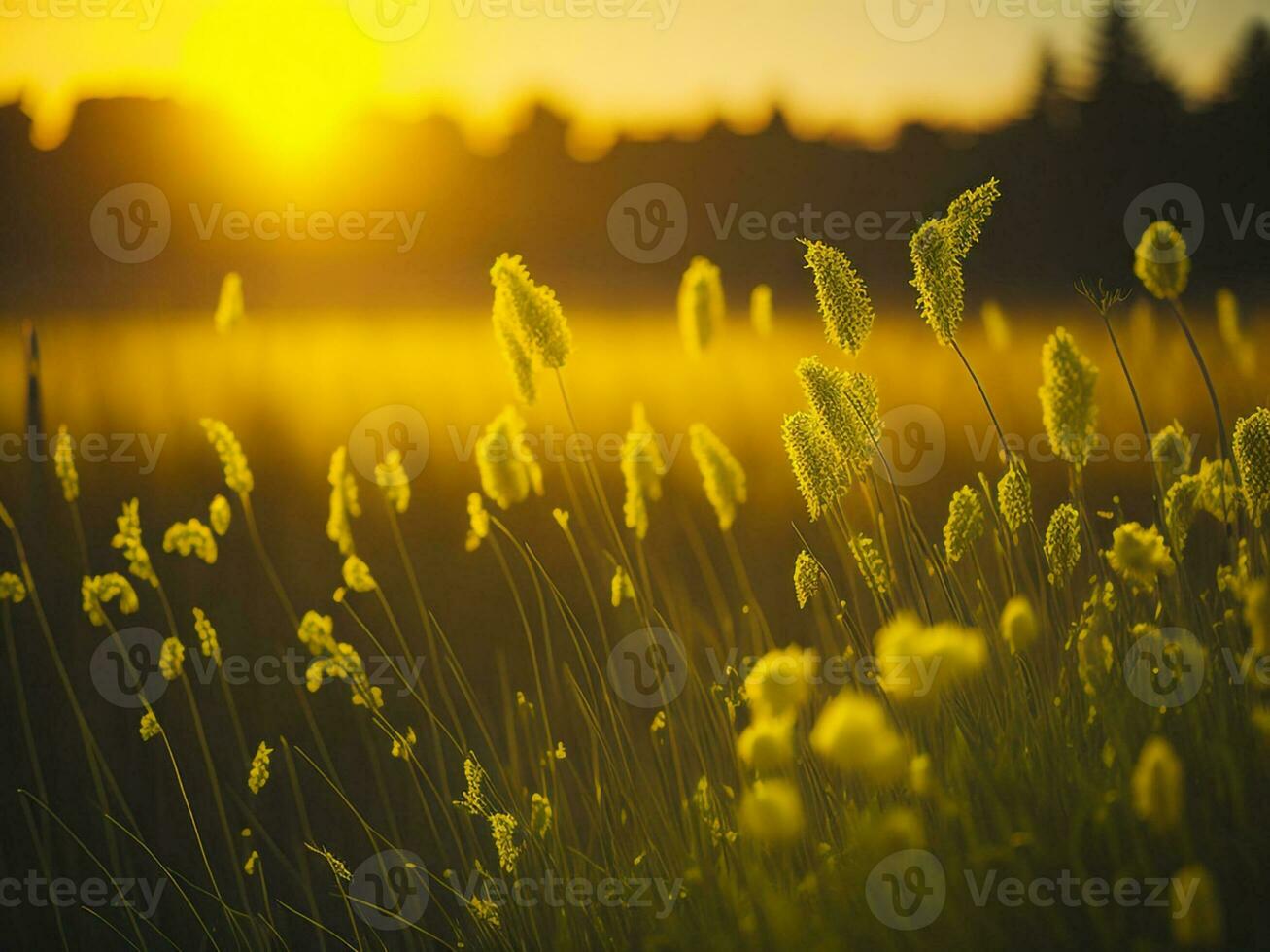 AI generated Abstract soft focus sunset field landscape of yellow flowers and grass meadow warm golden hour sunset sunrise time. Tranquil spring summer nature closeup and blurred forest background. photo