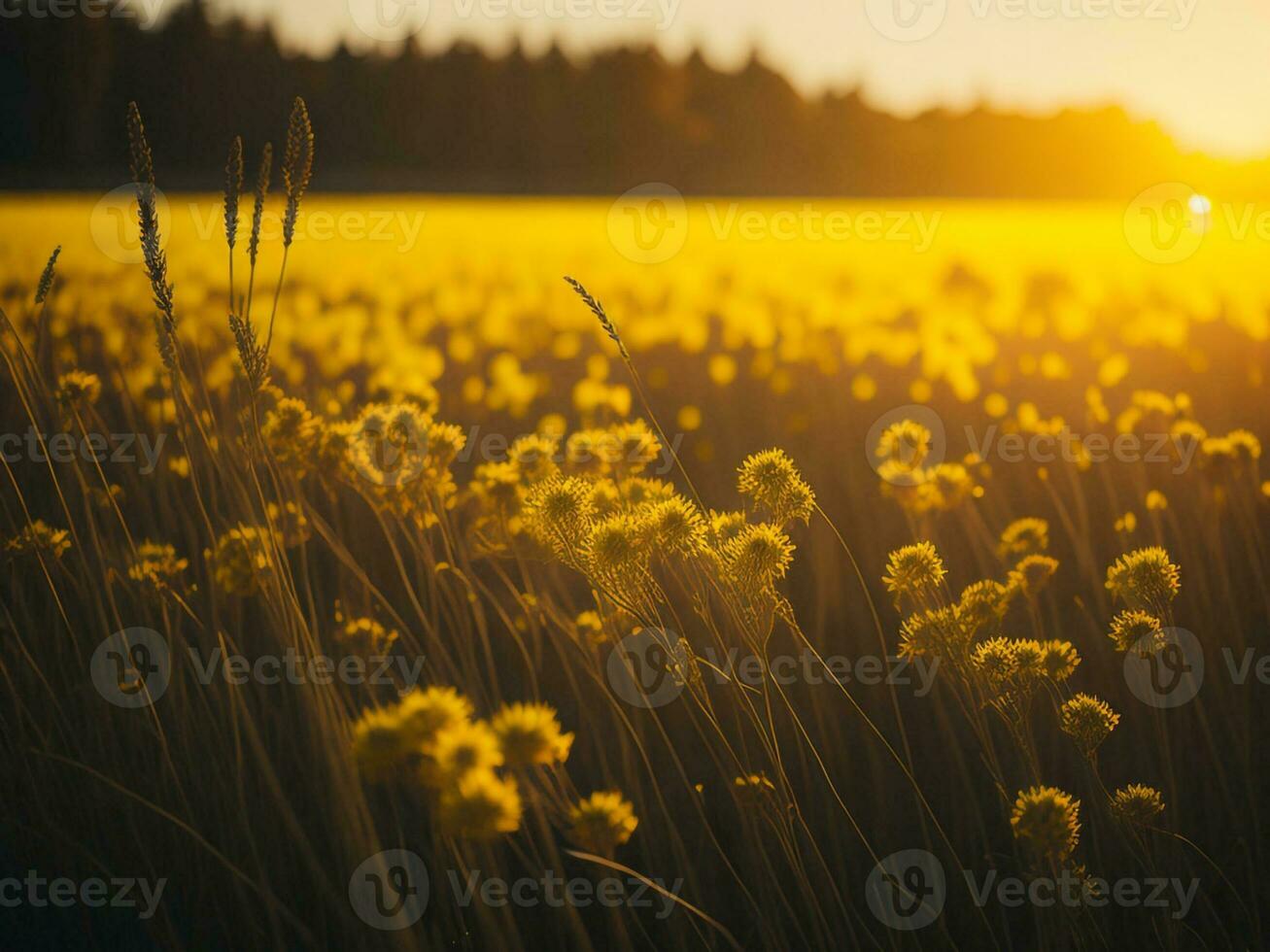 AI generated Abstract soft focus sunset field landscape of yellow flowers and grass meadow warm golden hour sunset sunrise time. Tranquil spring summer nature closeup and blurred forest background. photo