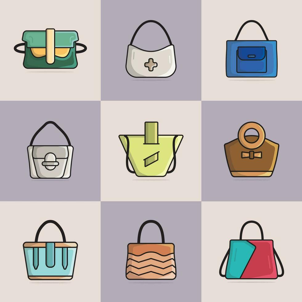 colección de 9 9 muchachas Moda fiesta carteras vector ilustración. belleza Moda objetos icono concepto. conjunto de elegante señoras brillante cuero bolso vector diseño en vistoso antecedentes.