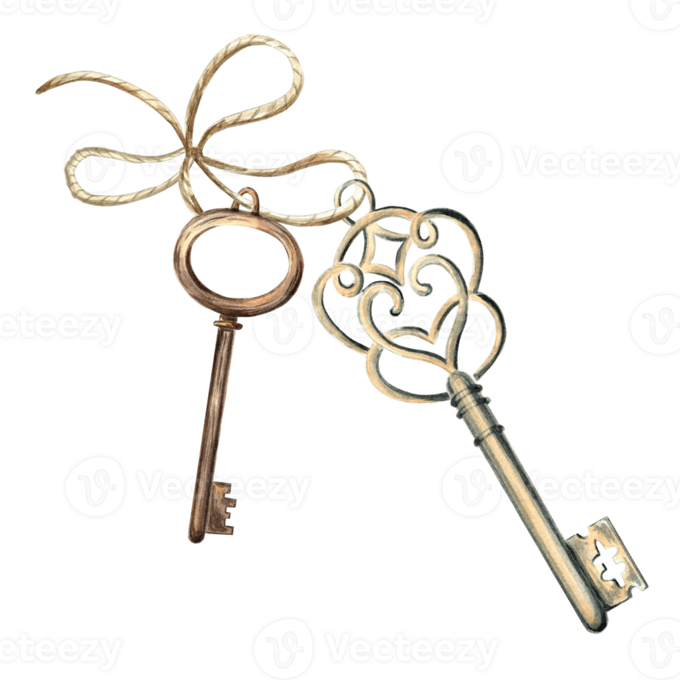 Watercolor two old keys on a string with a bow. Retro illustration template of vintage metal objects. Hand drawn isolated illustration for cards, printing on packaging and textiles, making stickers png