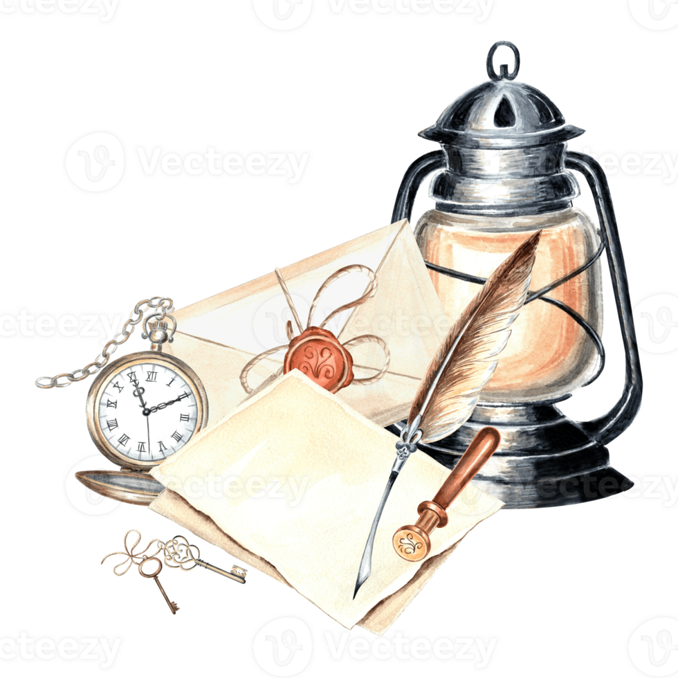 Old lantern, pocket watch, keys and writing instruments. Template watercolor composition retro. Isolated illustration of envelope and sheets paper with feather pen and wax seal Hand drawn for design png