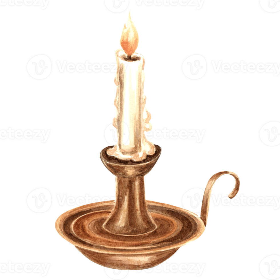 Watercolor vintage burning candle in candlestick isolated. Template illustration old retro accessories. Hand drawn illustration for invitations and cards, printing on packaging and textiles, stickers png