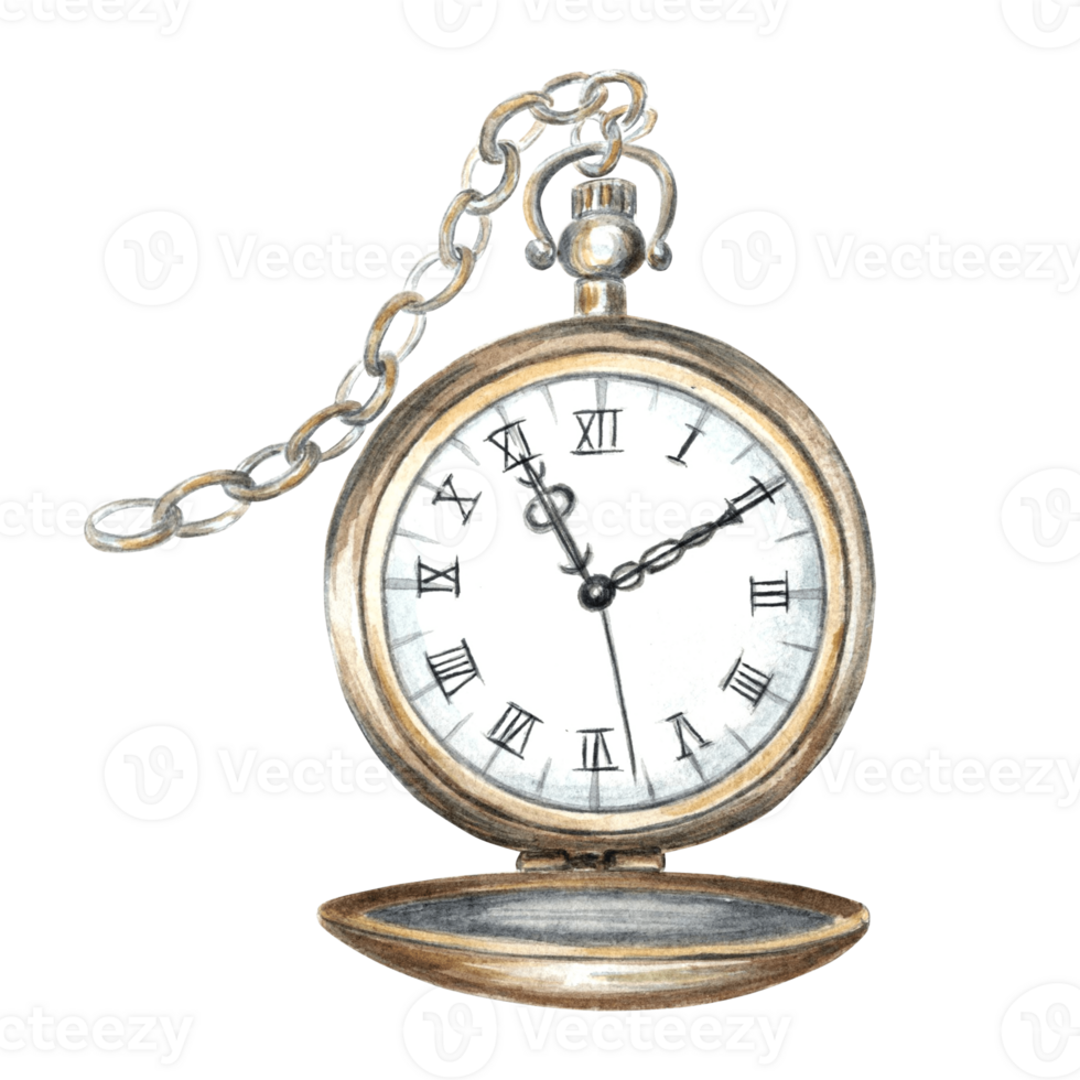 Watercolor vintage clock pocket watch isolated. Template illustration old retro accessories. Hand drawn illustration for invitations and cards, printing on packaging and textiles, making stickers png