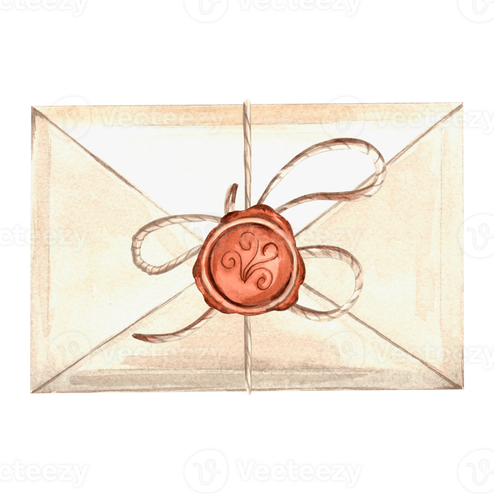 Watercolor envelope with wax seal and rope bow. Template illustration old writing stationery. Hand drawn isolated illustration for invitation and card, printing on packaging, textile, making stickers png