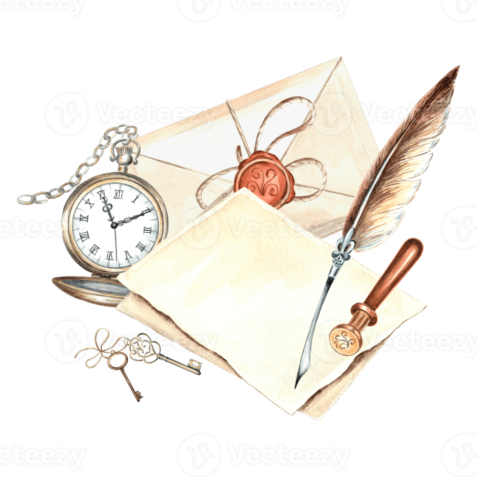 Old pocket watch, keys, letter with writing instruments. Template watercolor composition retro. Isolated illustration of envelope and sheets paper with feather pen and wax seal Hand drawn for design png