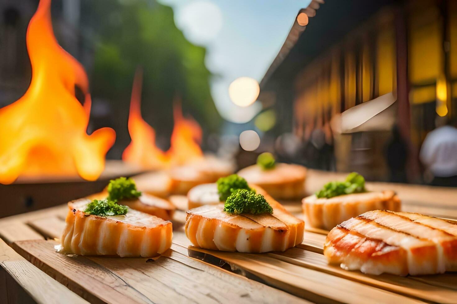 ai generado un de madera mesa con comida en él. generado por ai foto