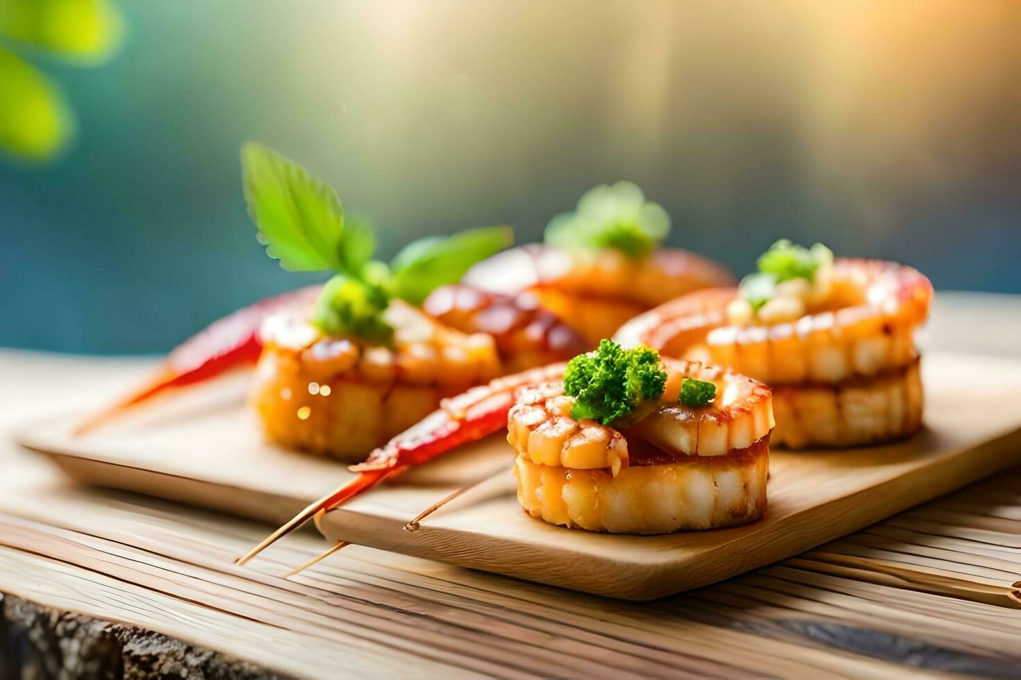 ai generado pequeño camarón en un de madera tablero con salsa. generado por ai foto