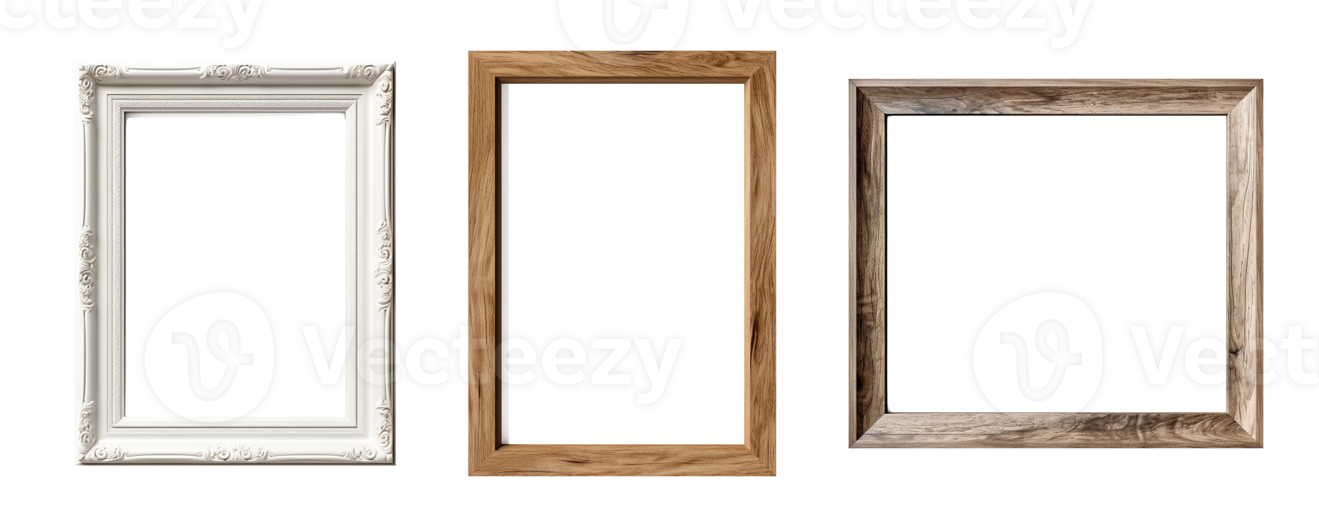 AI generated Set of empty natural wooden photo frames on transparent background. Realistic border wooden rectangular picture frame for design, Image display concept png