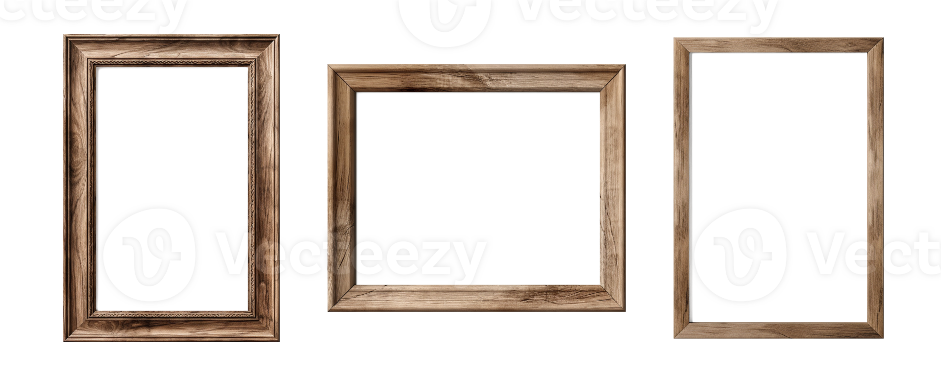 AI generated Set of empty natural wooden photo frames on transparent background. Realistic border wooden rectangular picture frame for design, Image display concept png