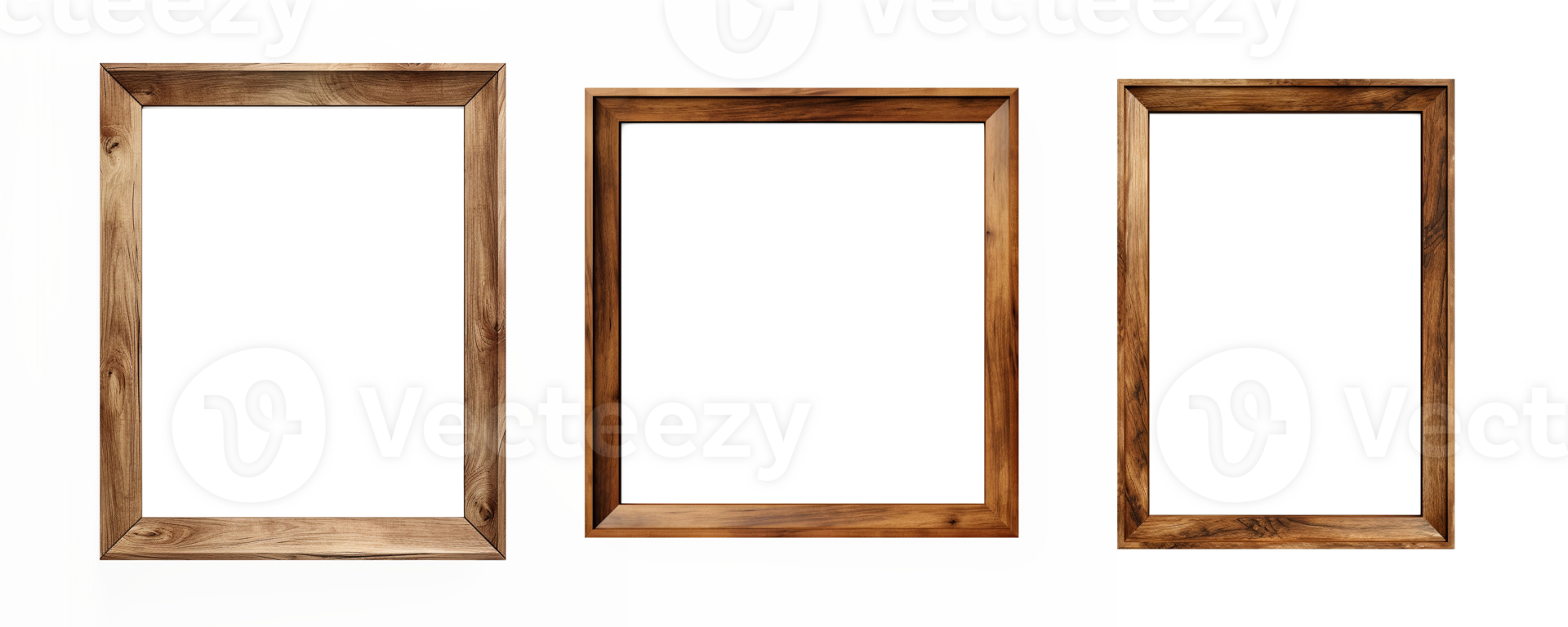 AI generated Set of empty natural wooden photo frames on transparent background. Realistic border wooden rectangular picture frame for design, Image display concept png