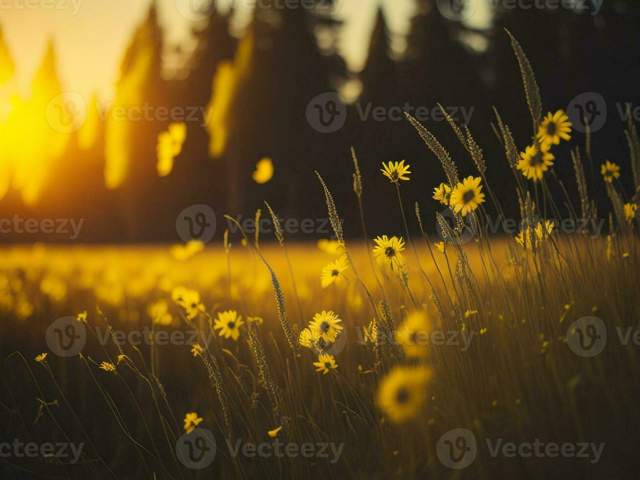AI generated Abstract soft focus sunset field landscape of yellow flowers and grass meadow warm golden hour sunset sunrise time. Tranquil spring summer nature closeup and blurred forest background. photo