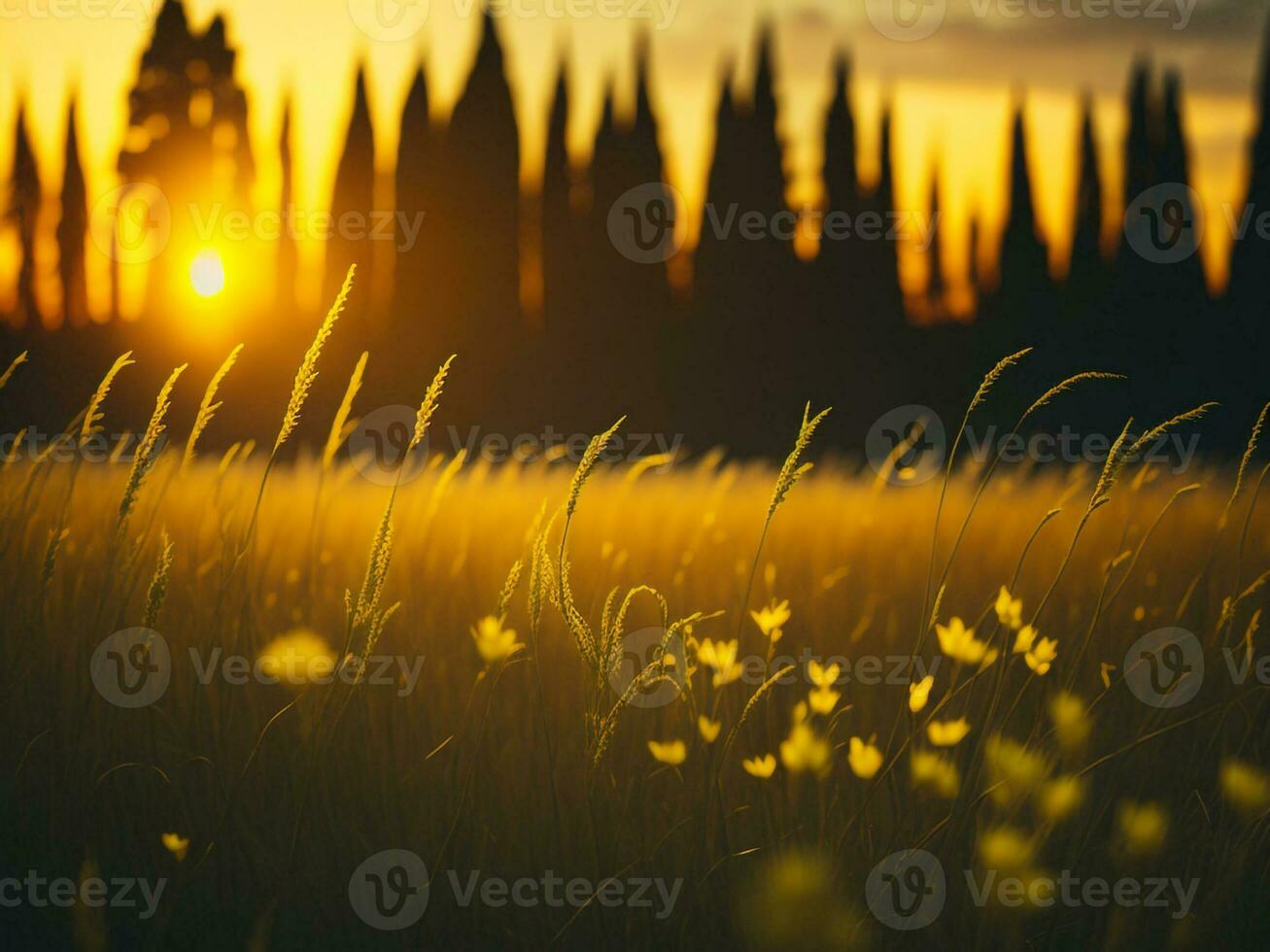 ai generado resumen suave atención puesta de sol campo paisaje de amarillo flores y césped prado calentar dorado hora puesta de sol amanecer tiempo. tranquilo primavera verano naturaleza de cerca y borroso bosque antecedentes. foto