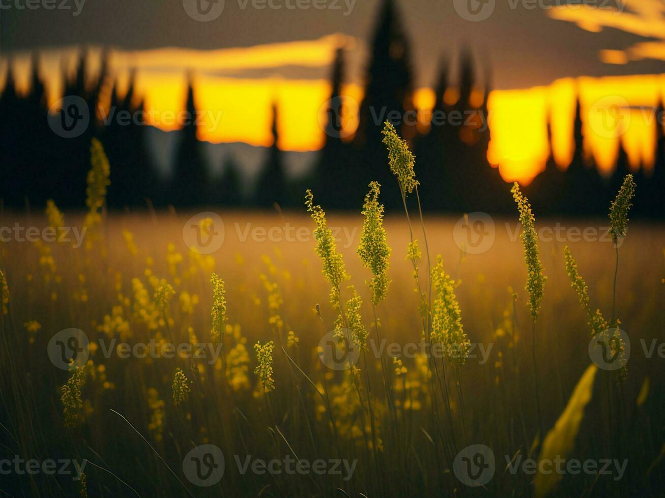 ai generado resumen suave atención puesta de sol campo paisaje de amarillo flores y césped prado calentar dorado hora puesta de sol amanecer tiempo. tranquilo primavera verano naturaleza de cerca y borroso bosque antecedentes. foto