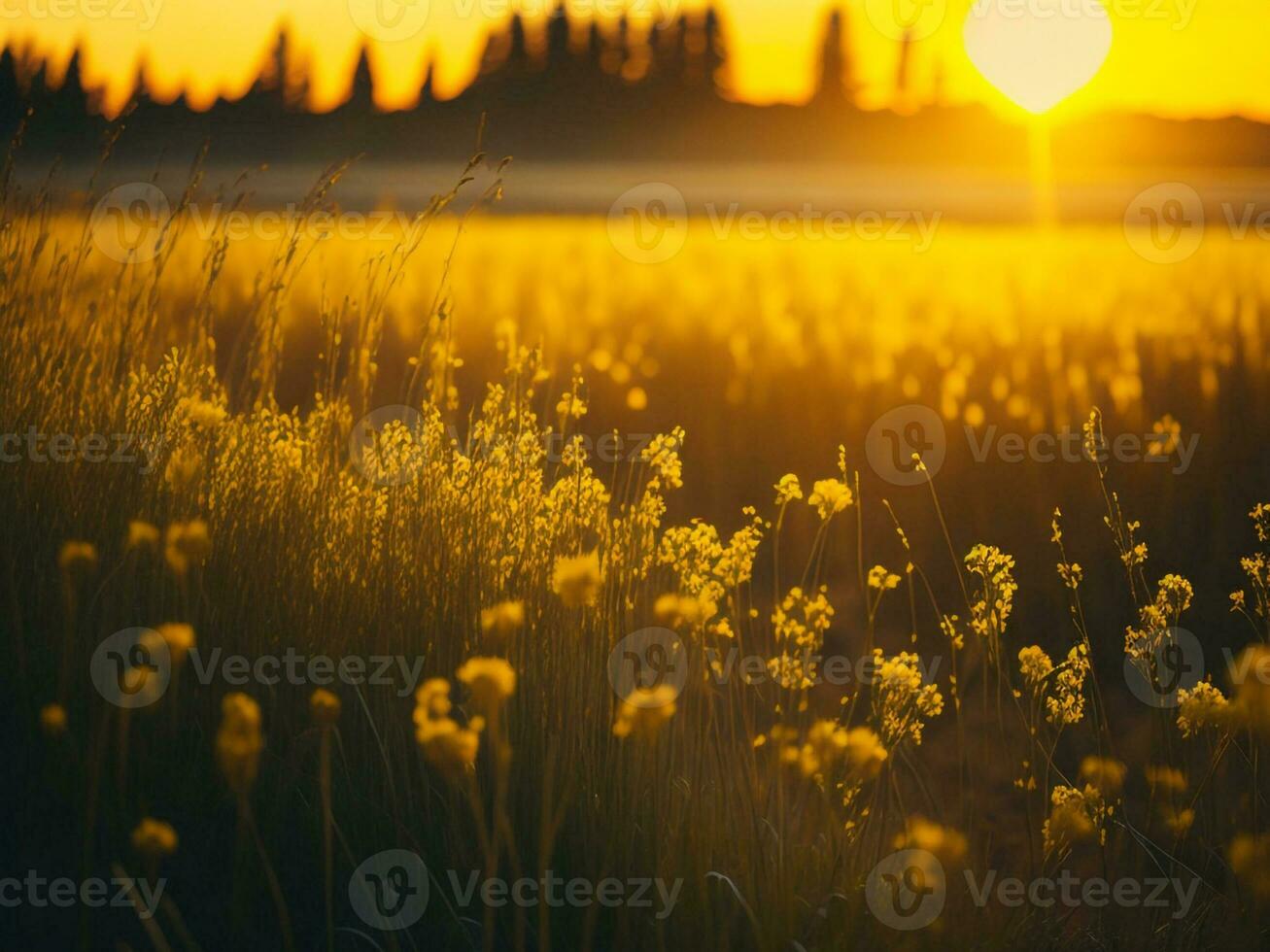 AI generated Abstract soft focus sunset field landscape of yellow flowers and grass meadow warm golden hour sunset sunrise time. Tranquil spring summer nature closeup and blurred forest background. photo