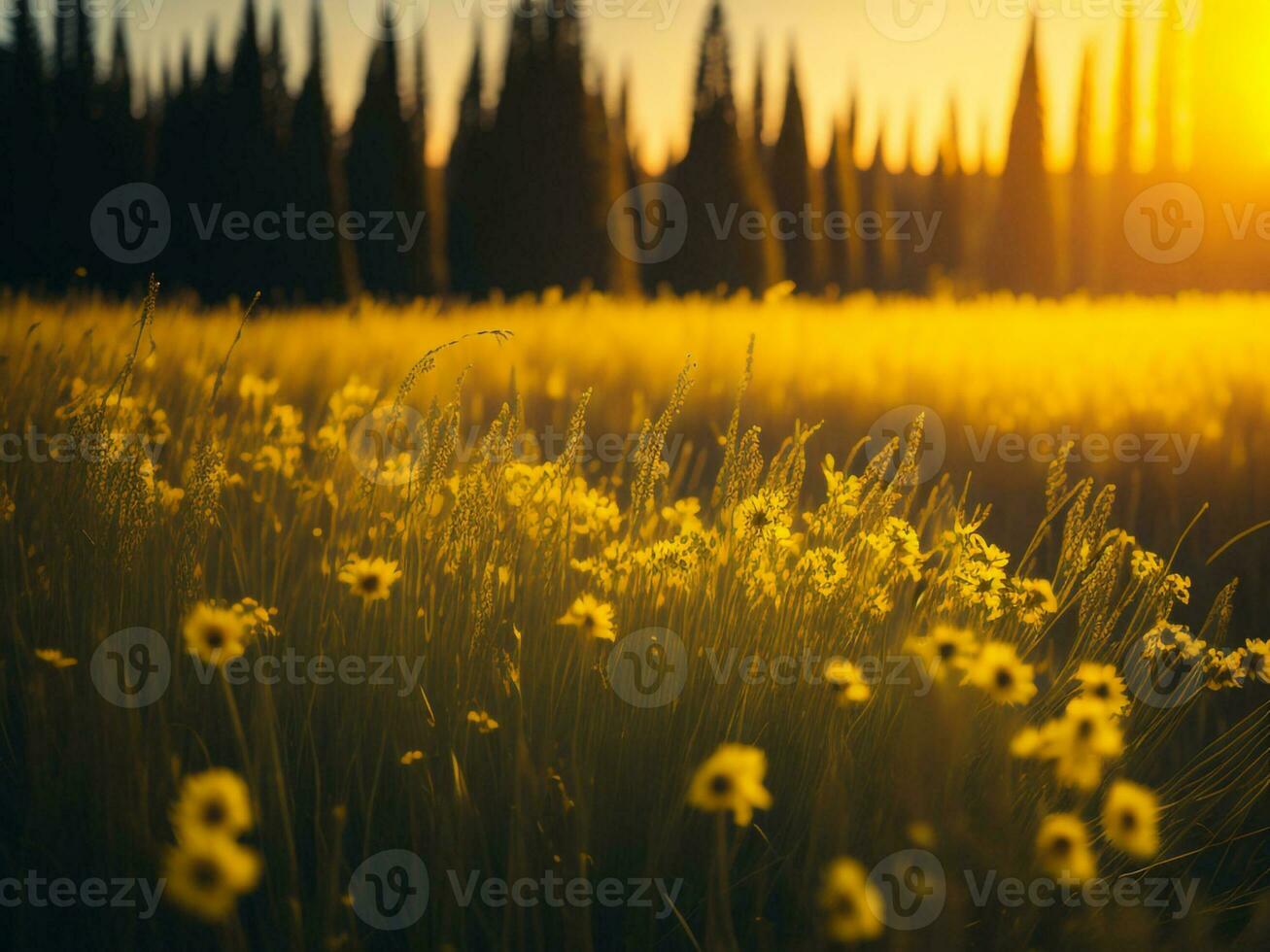 AI generated Abstract soft focus sunset field landscape of yellow flowers and grass meadow warm golden hour sunset sunrise time. Tranquil spring summer nature closeup and blurred forest background. photo