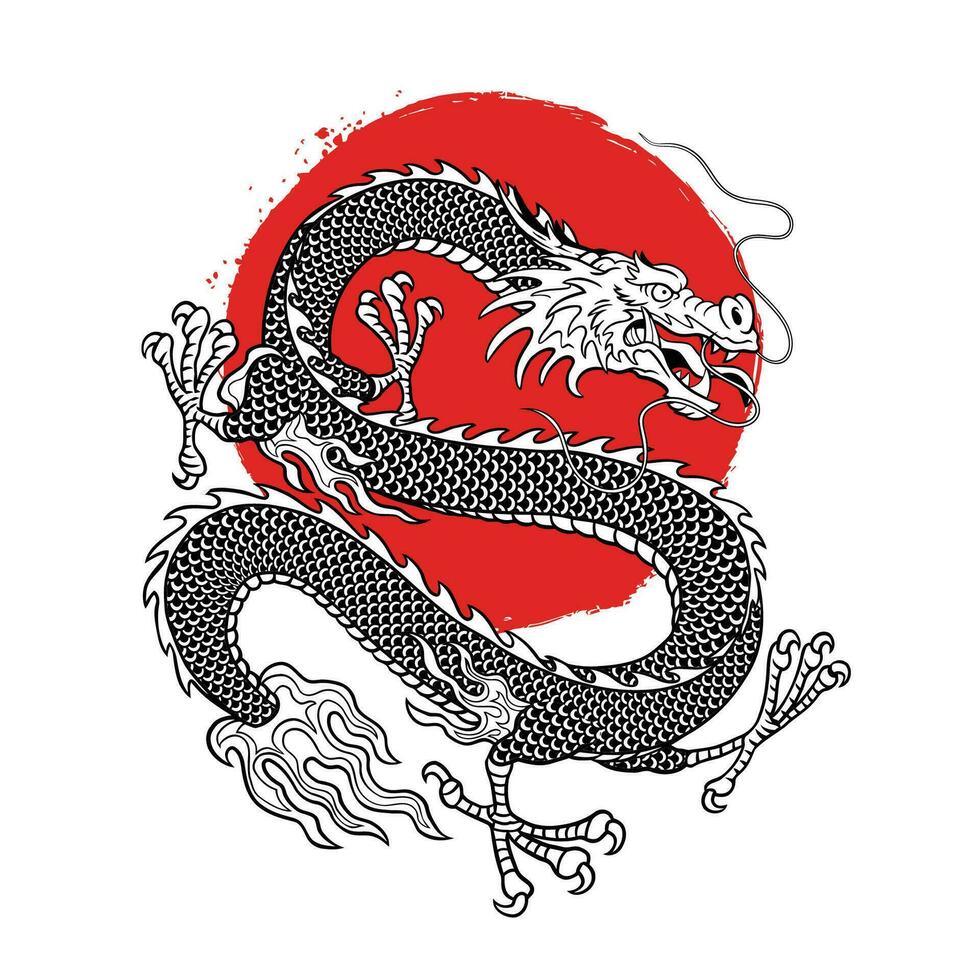 Hand Drawn of Asian Dragon Isolated in Vintage Style vector