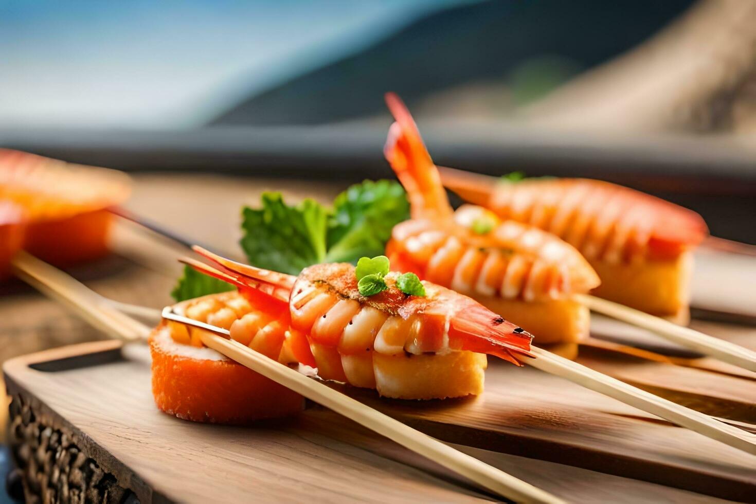 AI generated a wooden tray with shrimp and vegetables on it. AI-Generated photo