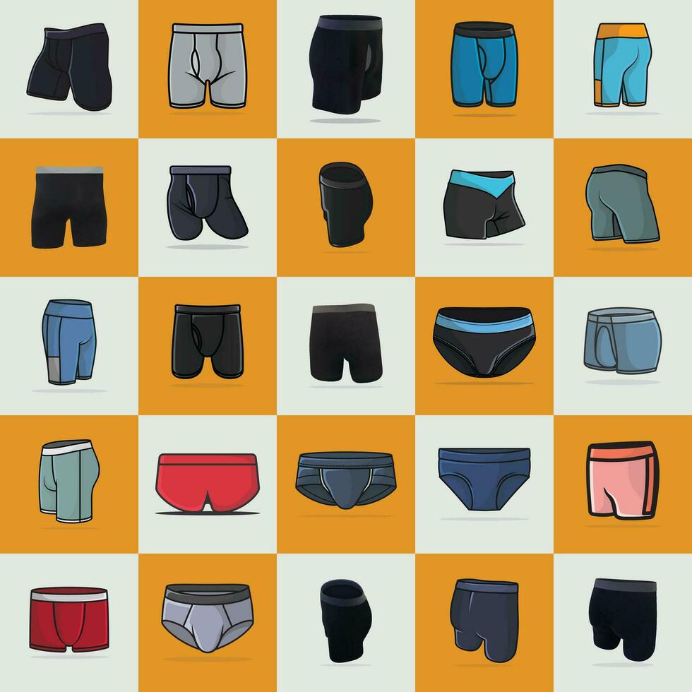 colección de 25 Niños Deportes cómodo ropa interior pantalones cortos vector ilustración. Deportes y Moda objetos icono concepto.