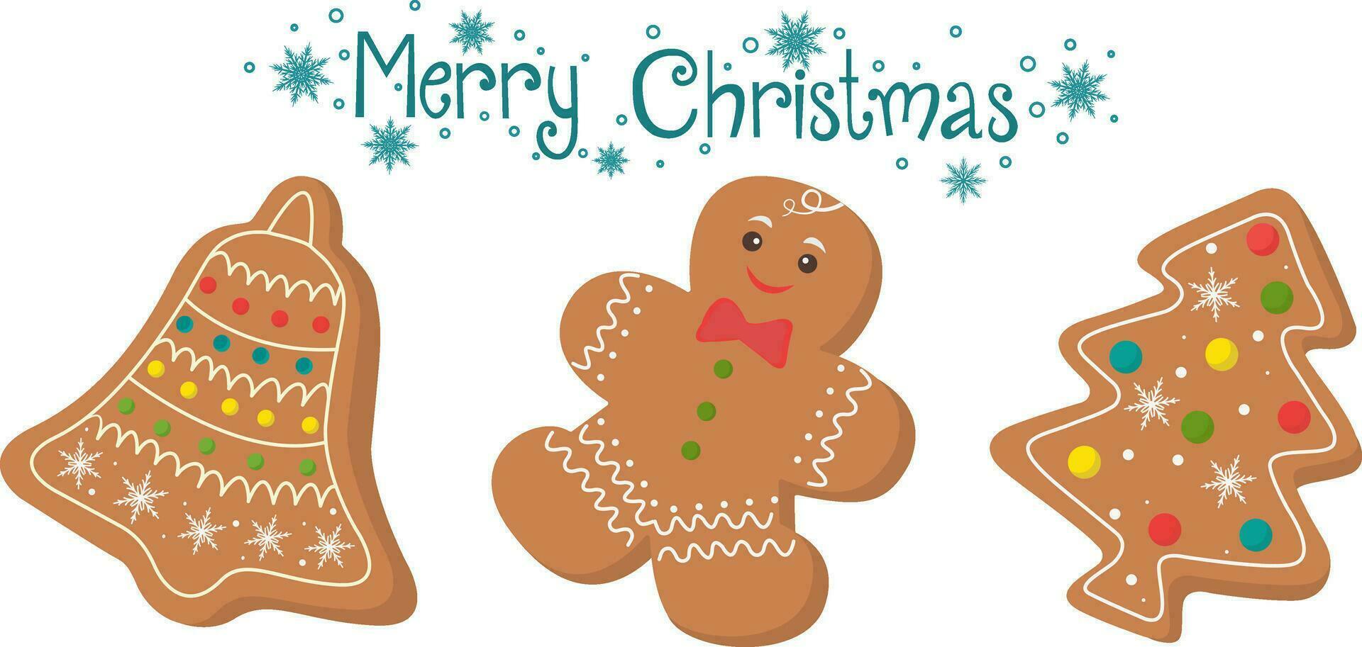 Christmas gingerbread. Winter holiday sweets in the form of a bell, a gingerbread man and a Christmas tree. Cartoon vector illustration