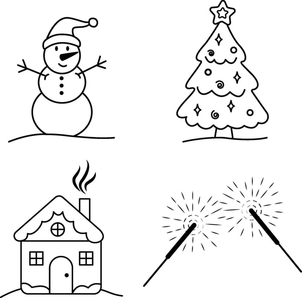 A New Year vector set with a snowman, a Christmas tree, a house and sparklers.  Vector illustration for the new year.
