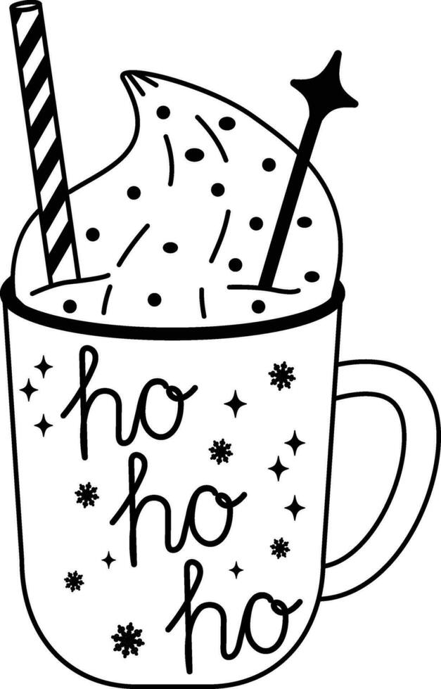 Christmas illustration in a beautiful mug. A hand-drawn Christmas sketch.  Festive cocoa with cream, a cup of hot chocolate or winter coffee. Vector illustration.