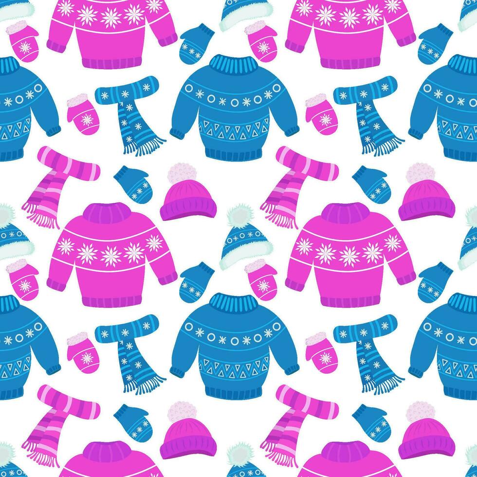 Vector pattern with winter clothes. Children's warm winter clothes for walking. Knitted hat, scarf, sweater and gloves with jacquard pattern and pom poms. Vector set of pink color.