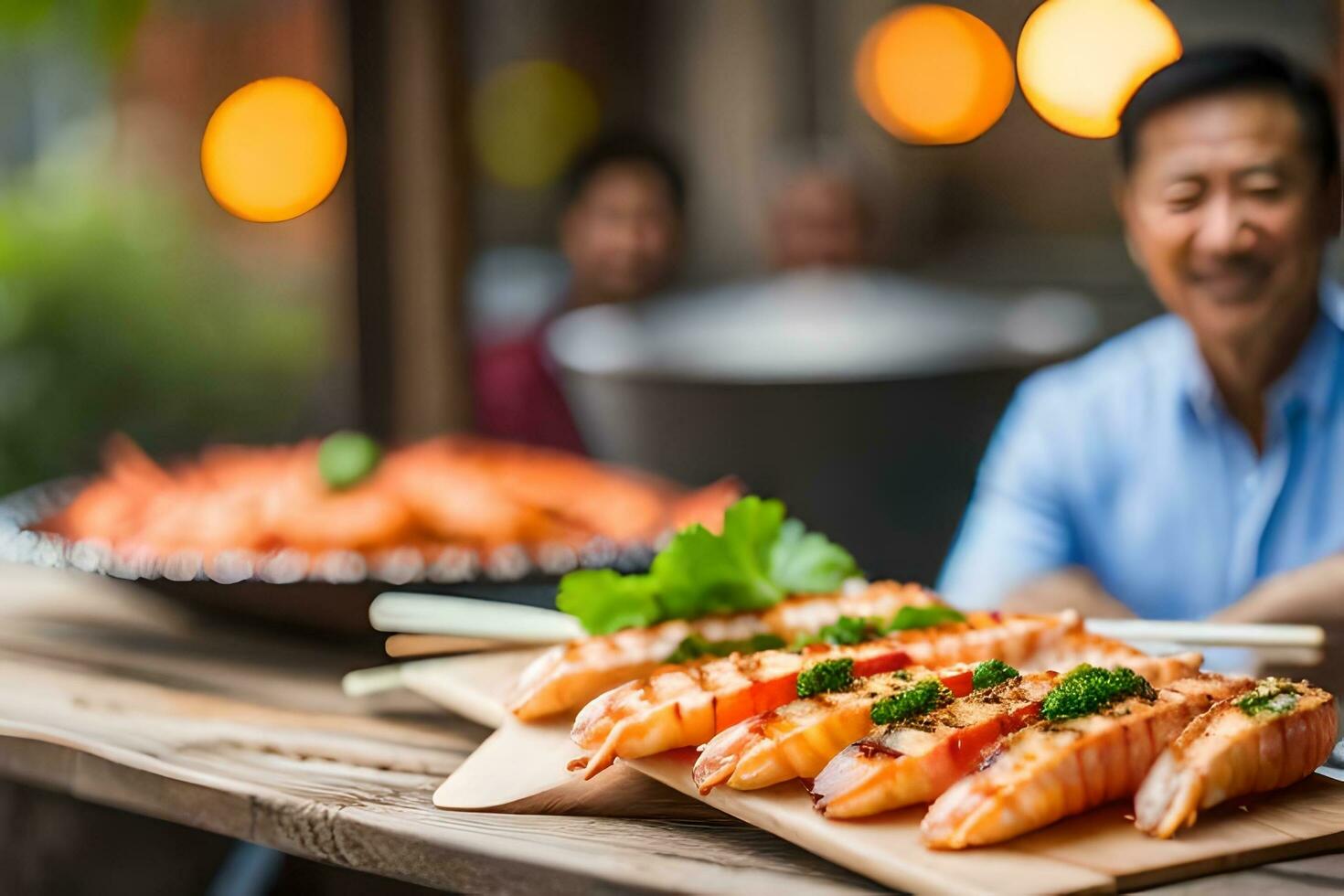 AI generated a man is standing in front of a table with sushi. AI-Generated photo