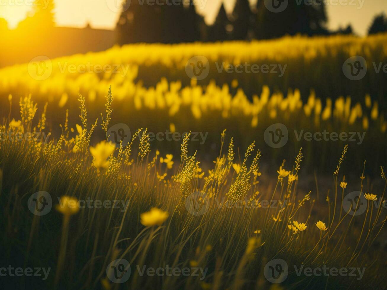 AI generated Abstract soft focus sunset field landscape of yellow flowers and grass meadow warm golden hour sunset sunrise time. Tranquil spring summer nature closeup and blurred forest background. photo