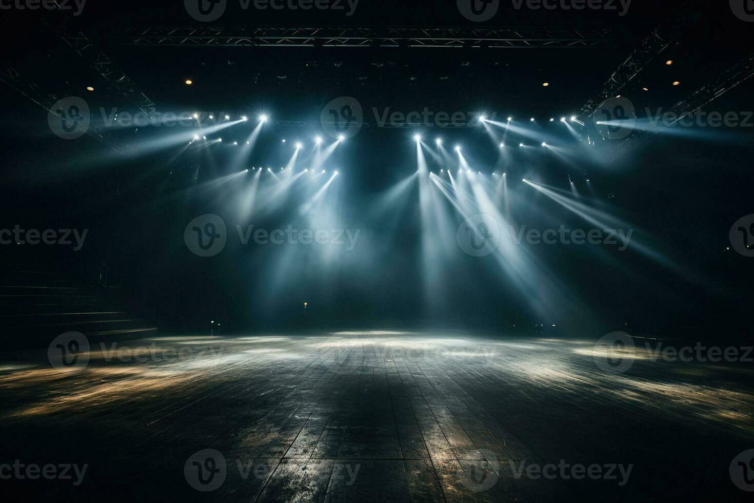 ai generado oscuro vacío habitación con de madera piso y Encendiendo en el techo. generado por artificial inteligencia foto