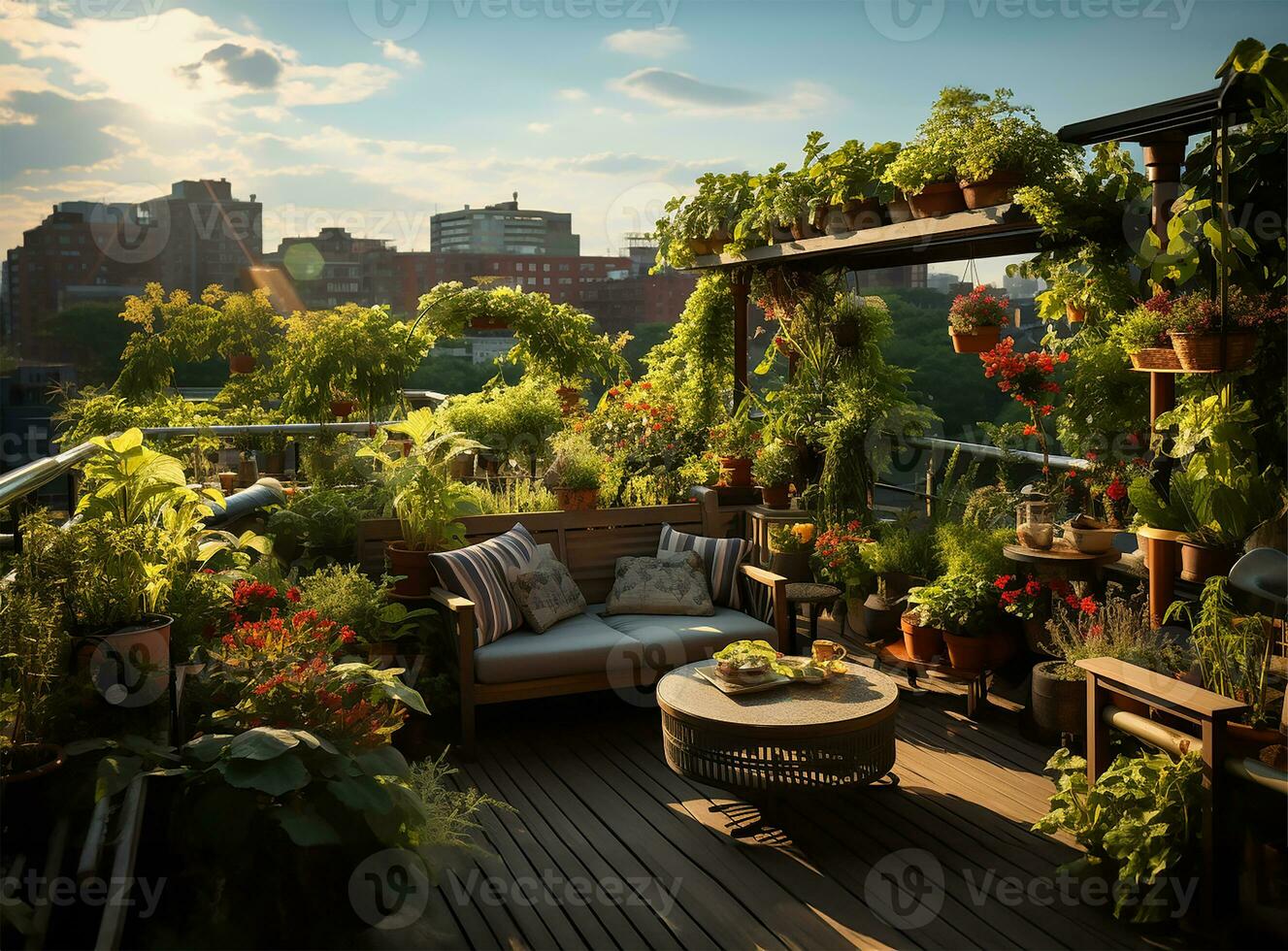 AI generated Lush rooftop garden, tranquil space for urban dwellers photo