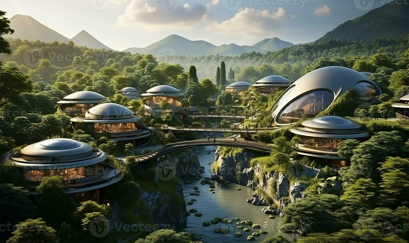 AI generated Futuristic village in eco architectural style photo