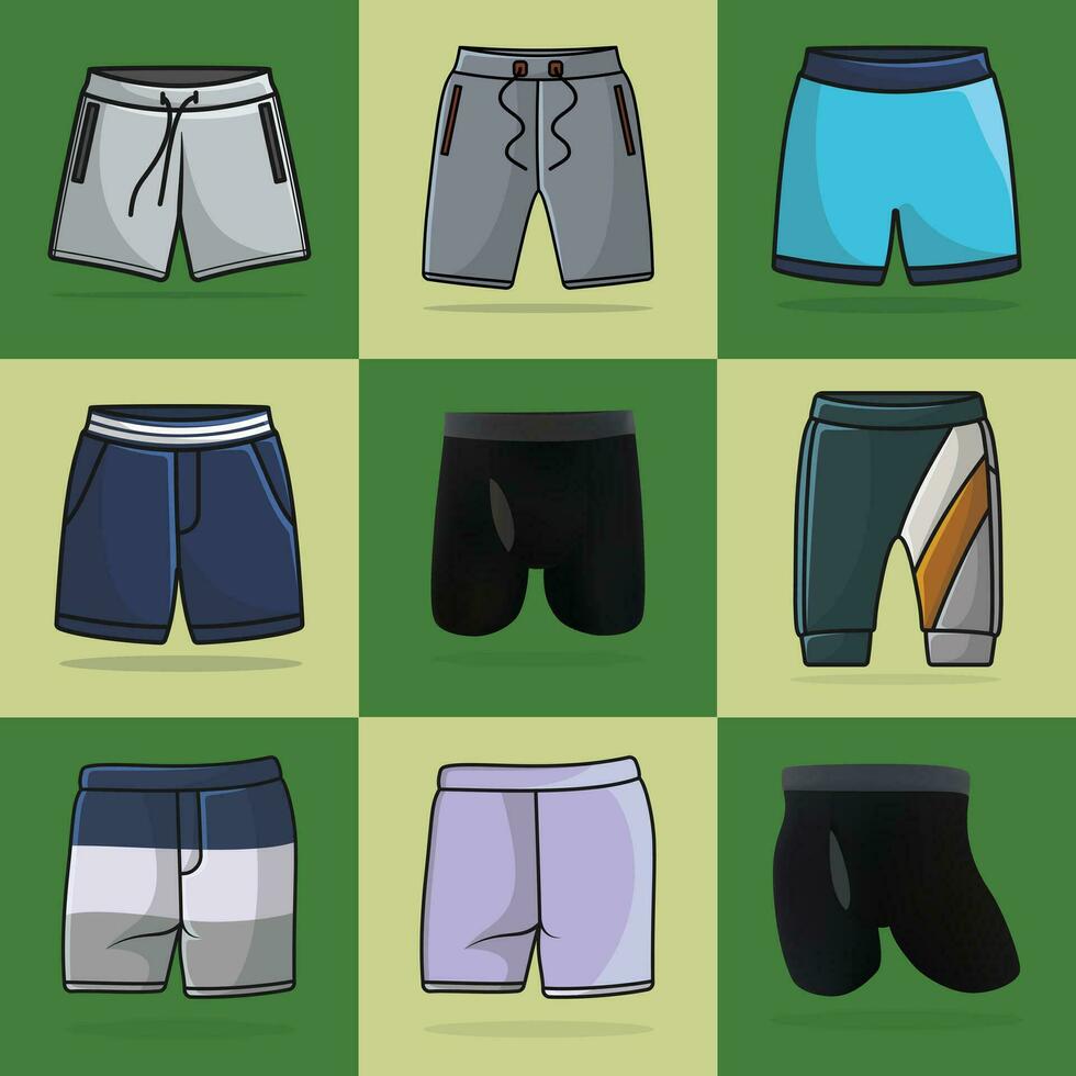 Collection Of 9 Boys Comfortable Underwear Shorts vector illustration. Sports and fashion objects icon concept.