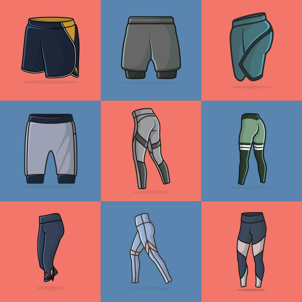 Collection Of 9 Boys Comfortable Underwear Shorts and Trousers vector illustration. Sports and fashion objects icon concept.